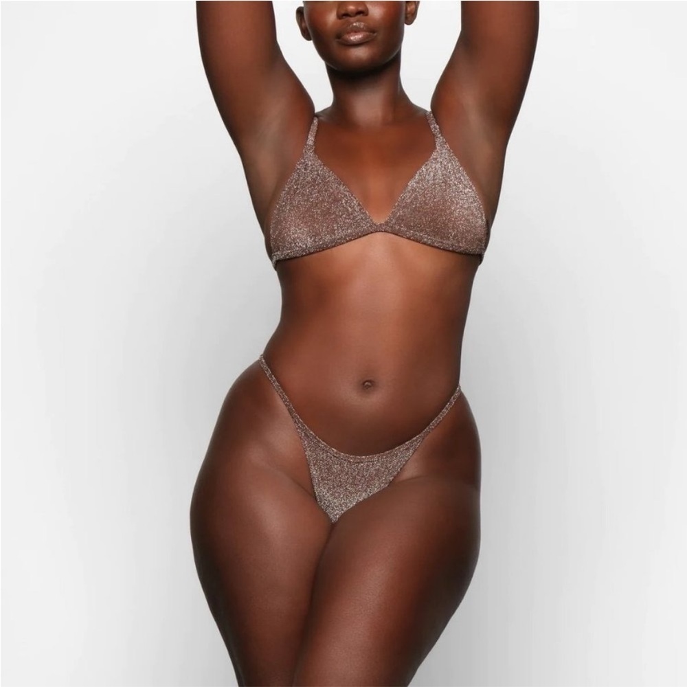 NWT SKIMS Glitter Swim Set Triangle Top 2X Thong Bottom 3X Cocoa 15B